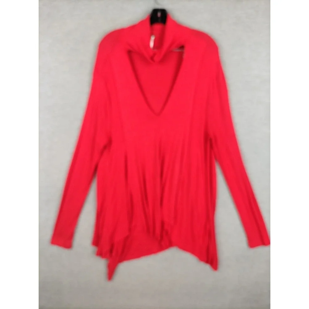 Free People Womens Sweater L Red Oversized Turtleneck‎ V Cut Out Party Holiday
